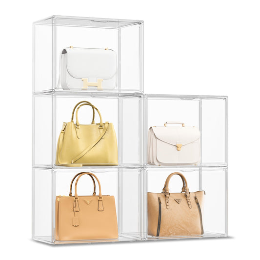 Proarea Clear Acrylic Storage Bins with Lids, 5 Pack Stackable Storage Boxes with Magnetic Front Door, Large Closet Organizers and Storage for Purse, shoes and Collectibles, Acrylic Display Case