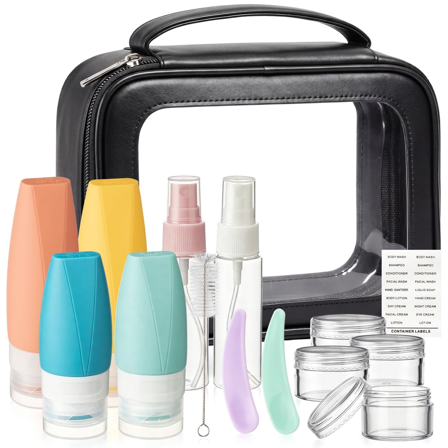Jingmore 15 Pcs Travel Bottles Set for Toiletries PU Leather Toiletry Bag Travel Size Mini Makeup Containers Silicone Toiletry Bottles Pump Spray for Liquid Serum Cream Lotion Skincare Shampoo(White)