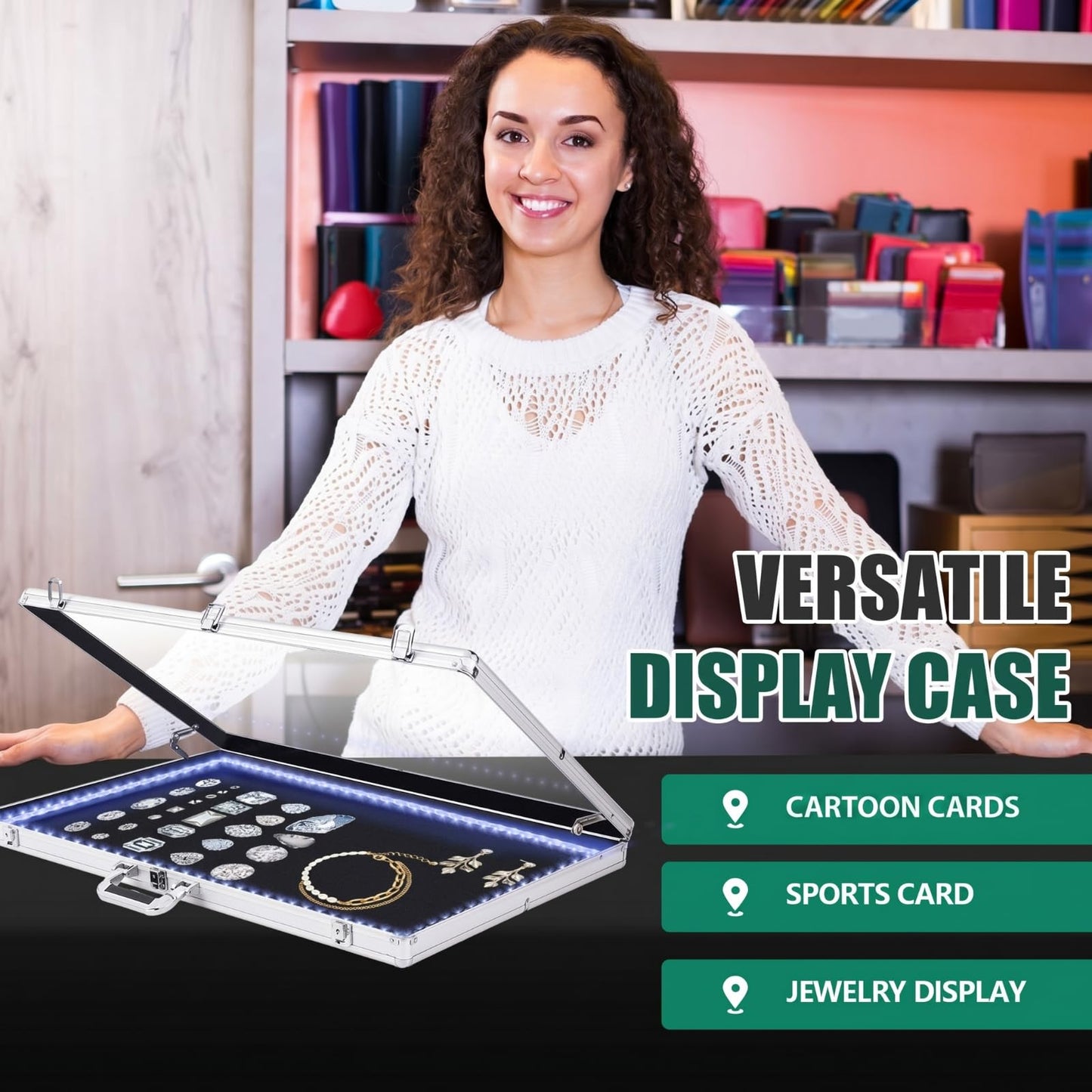 Memorywuu 34"x22" LED Trade Show Display Case Table Top Portable Aluminum Sports Card Display Case Frame with Clear Acrylic Showcase with Locks for Jewelry Craft Collector Shows