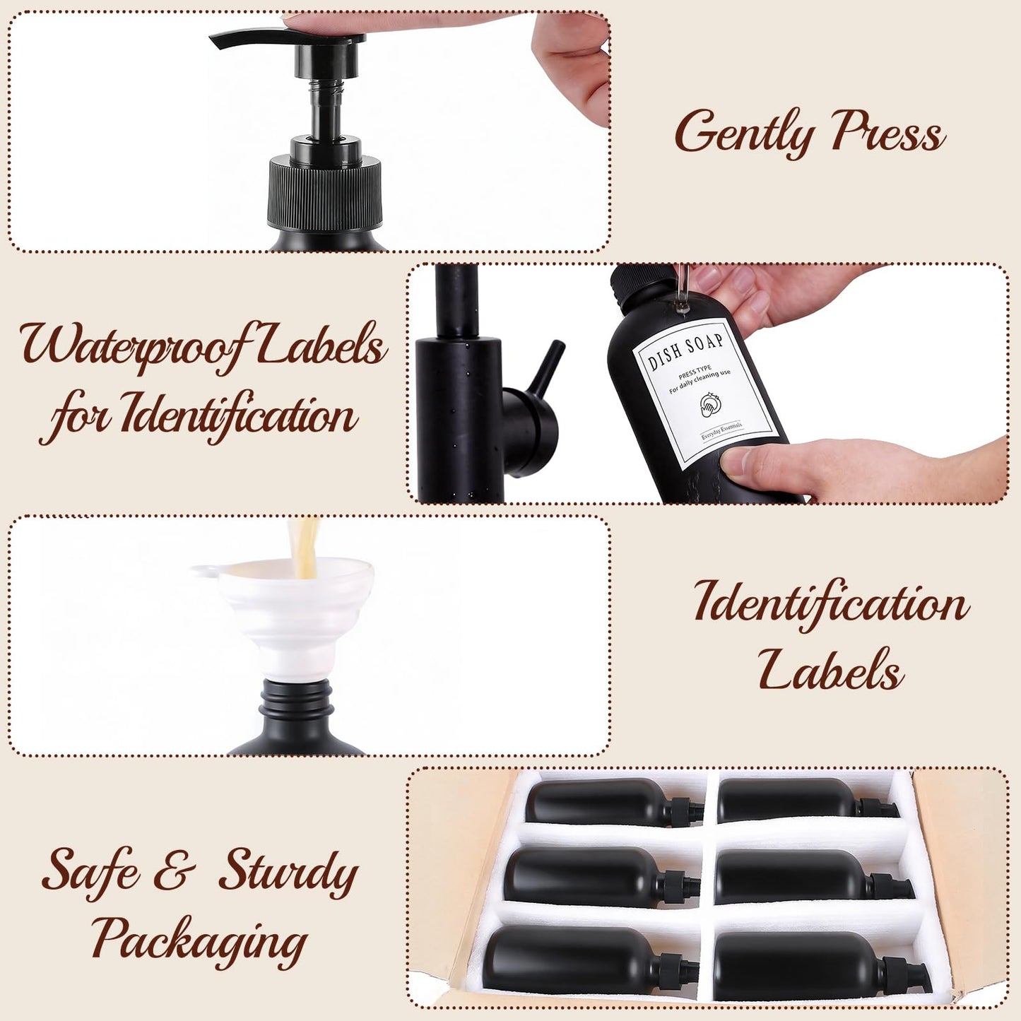 TBWIND 12 Pack 16oz Black Glass Soap Dispenser Bottles with Pumps, Refillable Glass Bottles for Shampoo, Conditioner & Lotion, Ideal for Bathroom, Kitchen, Waterproof Labels & Funnels Included