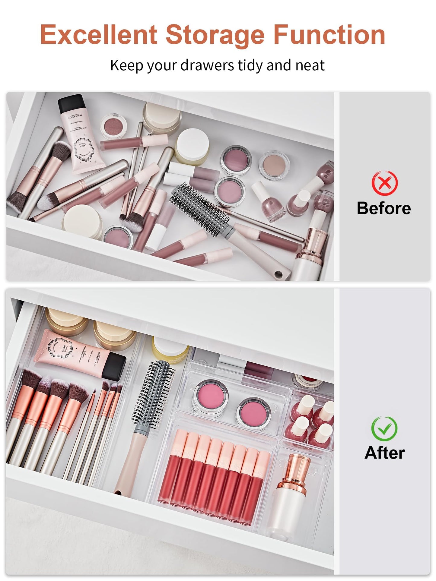 SMARTAKE 30-Piece Drawer Organizer with Non-Slip Silicone Pads, 7-Size Desk Drawer Organizer Trays Storage Tray for Makeup, Jewelries, Utensils in Bedroom Dresser, Office and Kitchen (Clear)