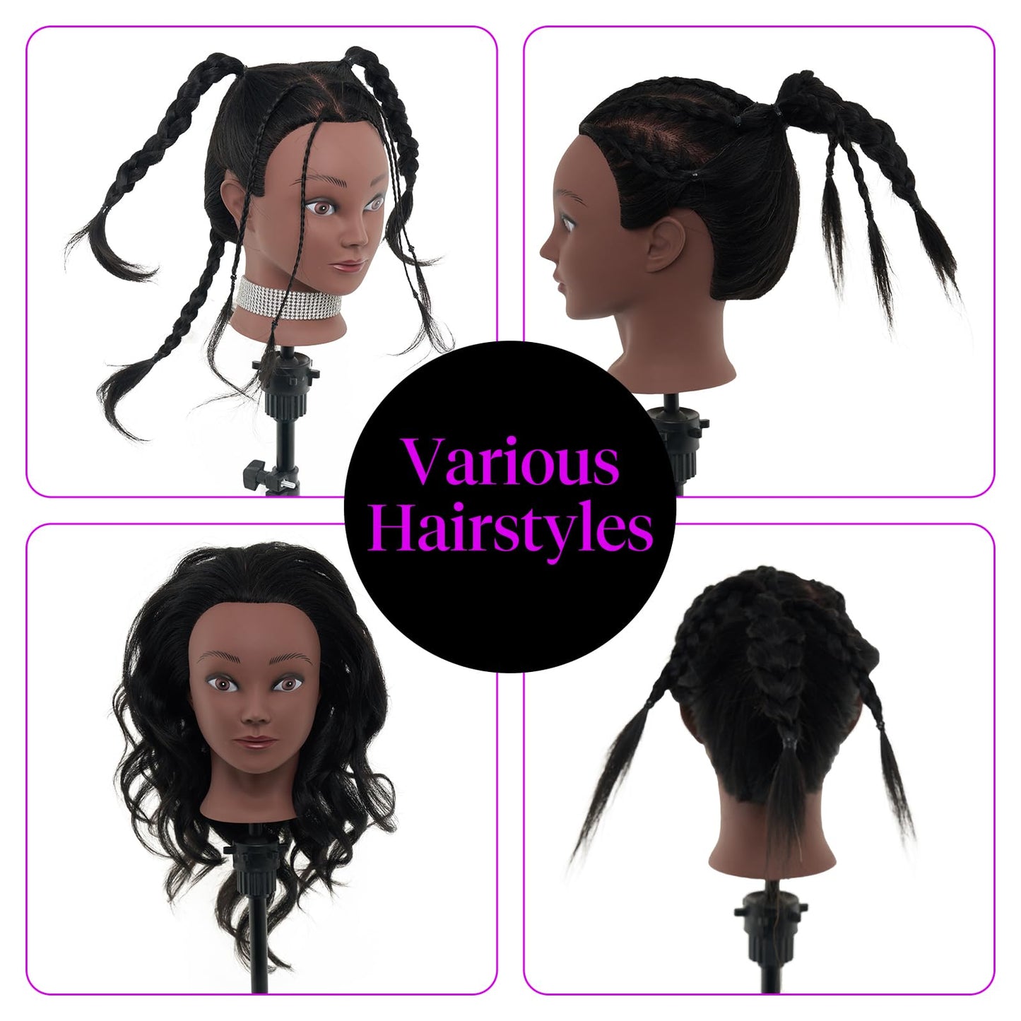 100% Mannequin Head Human Hair,18" Real Hair Mannequin Head,Cosmetology Manikin Doll Head for Hair Styling,Practice Dying, Braiding Curling Training Head with Table Clamp,Black