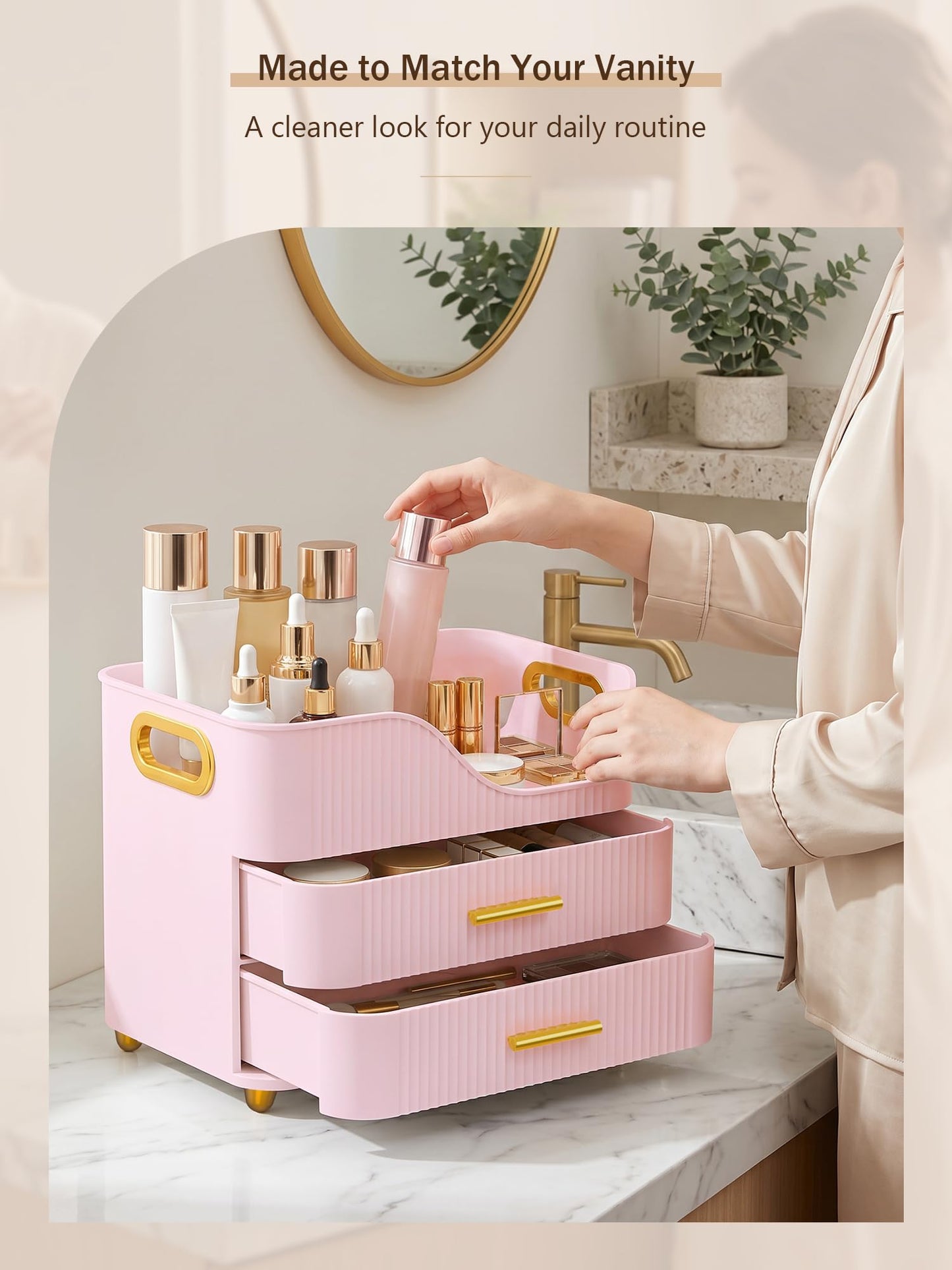 Booklov Countertop Makeup Organizer with Drawers, 3 Tier Large Cosmetic Storage Caddy for Vanity, Bathroom Counter, Dresser, Skincare Display Case for Lipsticks, Beauty Palettes, Teen Girl Gifts, Pink