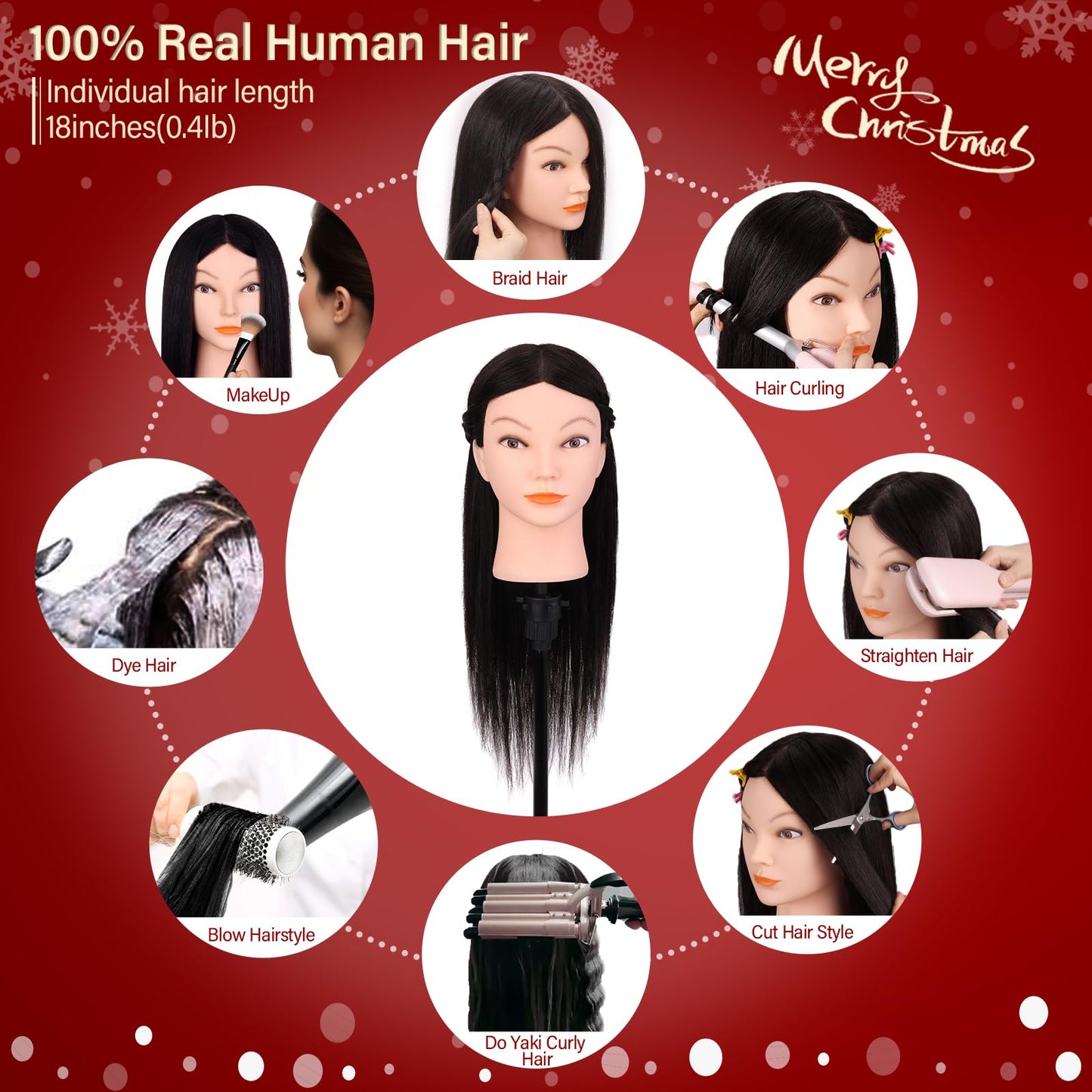 Mannequin Head with 100% Human Real Hair, Cenoz 18" Hairdresser Cosmetology Training Head with Stand and Tool, Manikin Training Practice Head, Doll Head for Hair Styling （Black）