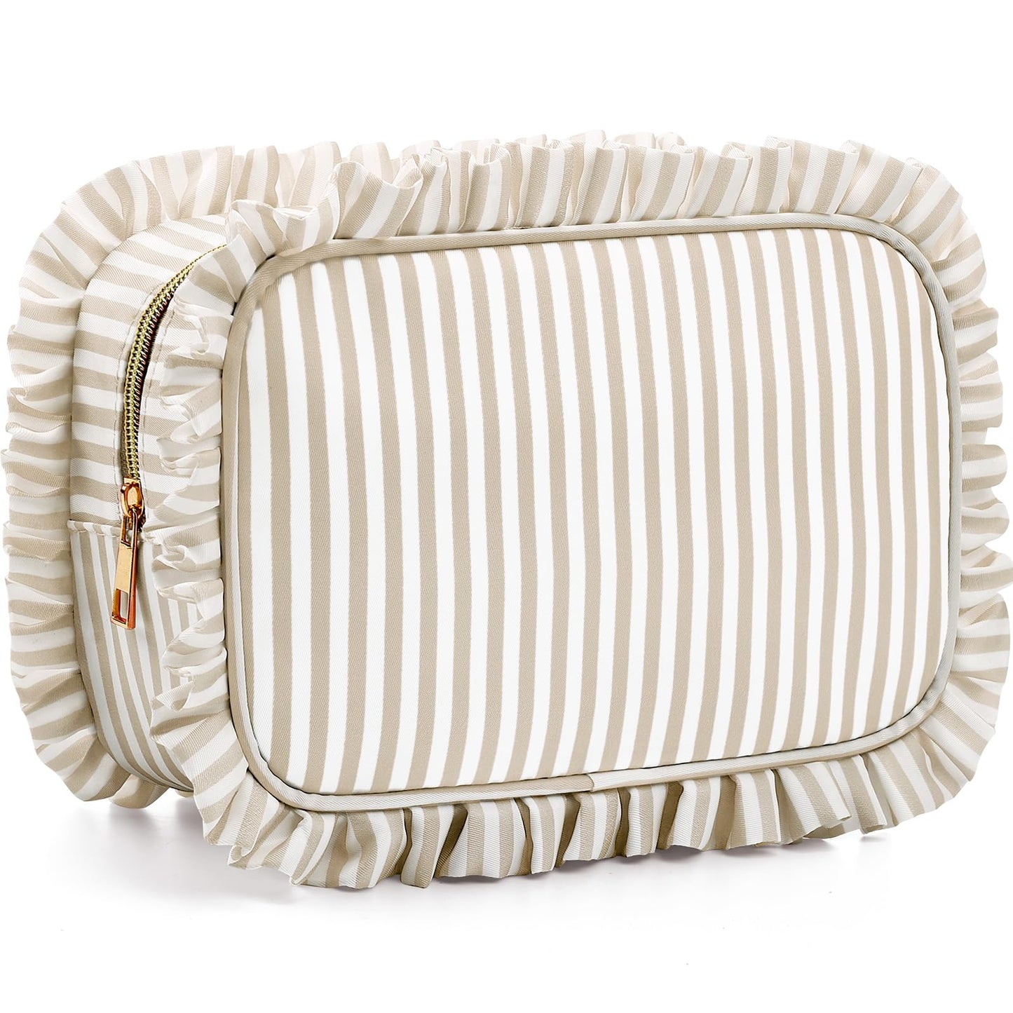 Kigeli Ruffle Makeup Bag Preppy Makeup Pouch Large Travel Cosmetic Bag Nylon Waterproof Toiletry Make up Organizer for Women(Striped,Khaki)
