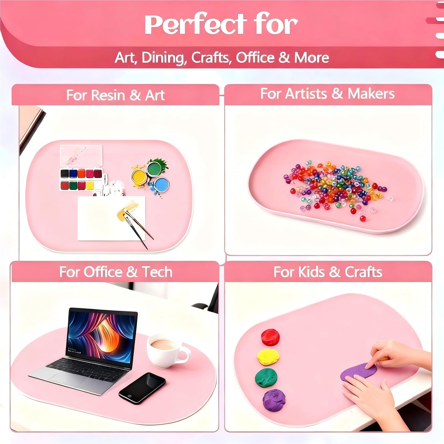 CealumVita 24"x16" Oval Silicone Mats for Crafts - Non-Slip Painting Mat with Raised Edges, Reusable Table Protector for Resin, Clay, Paint ，Playdough ，Jewelry-Making & Crafts Creation (Pink)
