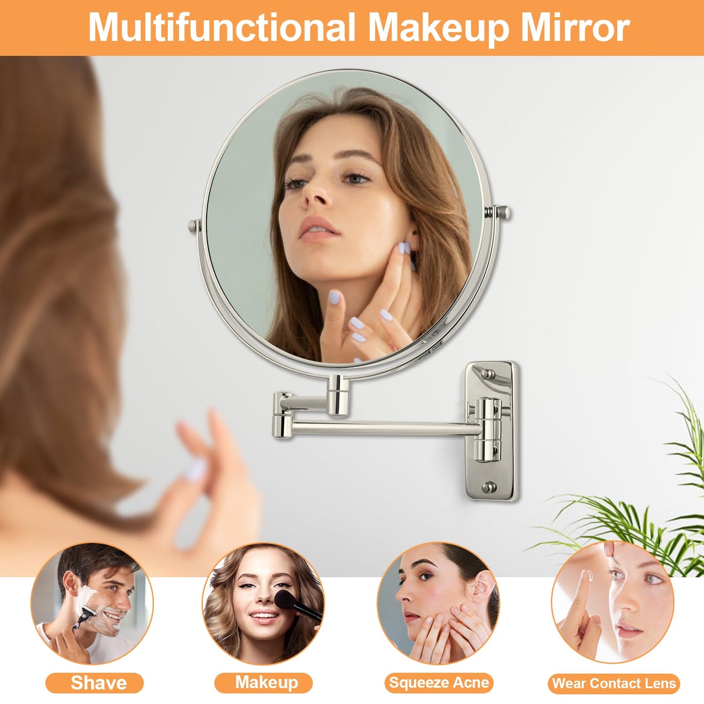 FFowcye 8" Wall Mount Magnifying Mirror, 1X/10X Double-Sided Makeup Mirror Wall Mounted with Extendable Folding Arm, 360° Rotation, Brushed Nickel, Perfect for Shaving & Makeup in Bathroom (No Light)