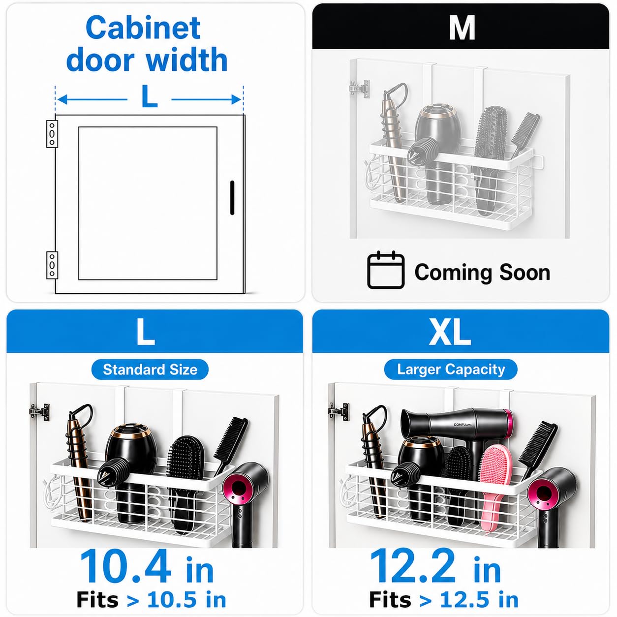 Sevenblue Hair Tool Organizer, 2026 Upgraded 3-in-1 Universal Hair Dryer Holder, Adjustable Height Metal Blow Dryer Holder Wall Mounted/Over Cabinet Door, Bathroom Organizer and Storage(White)