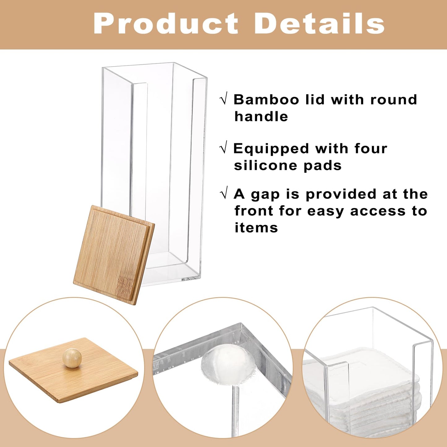 GUSHBIN Acrylic Clean Pad Storage Box Vertical Cotton Pads Holder Square Makeup Pad Dispenser with Lid Clear Bathroom Countertop Vanity Organizer