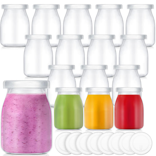 Zubebe 24 Pack 5 oz Glass Milk Bottles with 48 Lids - Versatile Small Glass Jars for Holiday Party Favors, DIY Decorations, Yogurt Pudding, and Juice, Reusable