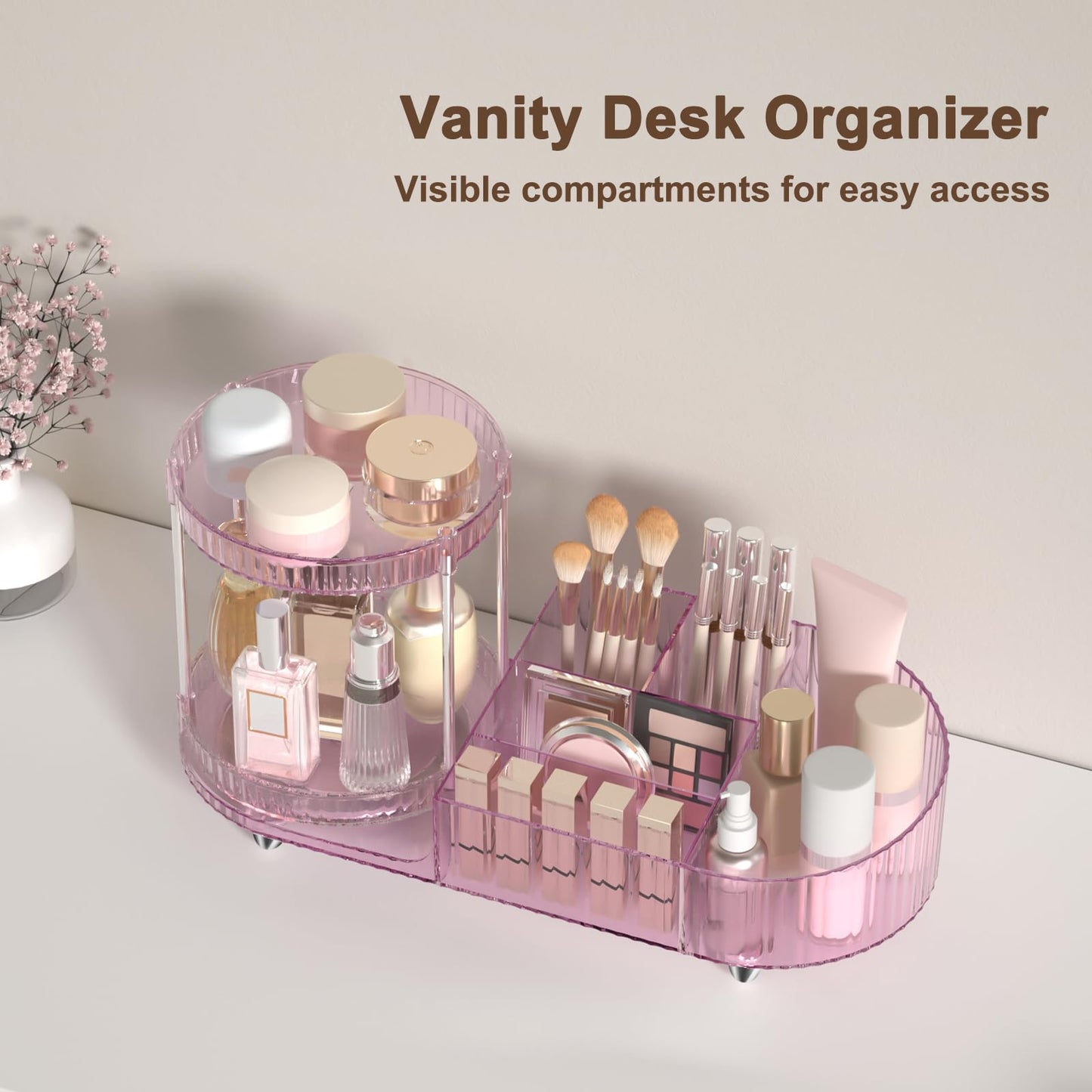 360 Rotating Vanity Makeup Organizer, 2 Small Trays & 5 Compartments for Cosmetics, Skincare, Perfume, Lipstick & Make up Brushes Holder, Dresser Countertop Organizers and Storage for Bathroom, Desk