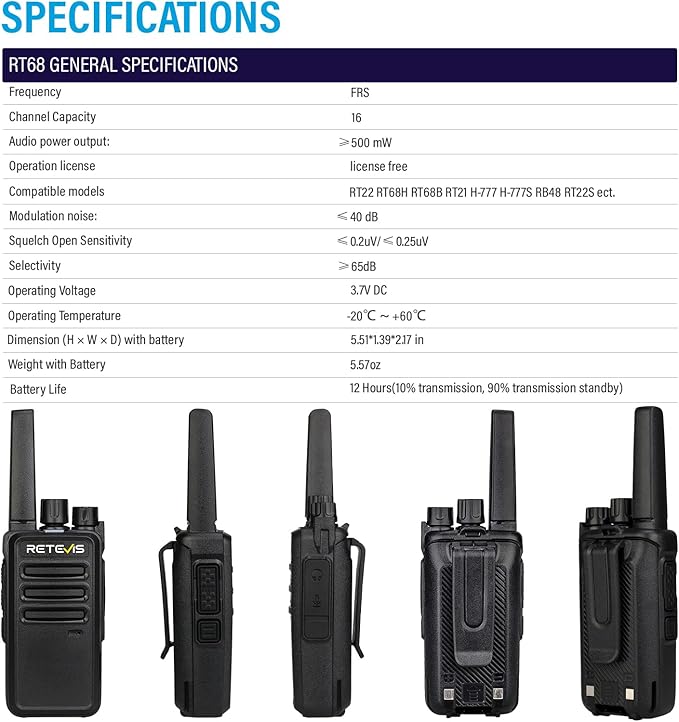 Retevis RT68 Two Way Radio Long Range Walkie Talkies for Adults,Compact, Rugged, Heavy Duty 2 Way Radios Rechargeable with USB Charging Base, for School Restaurant Church Business(10 Pack)