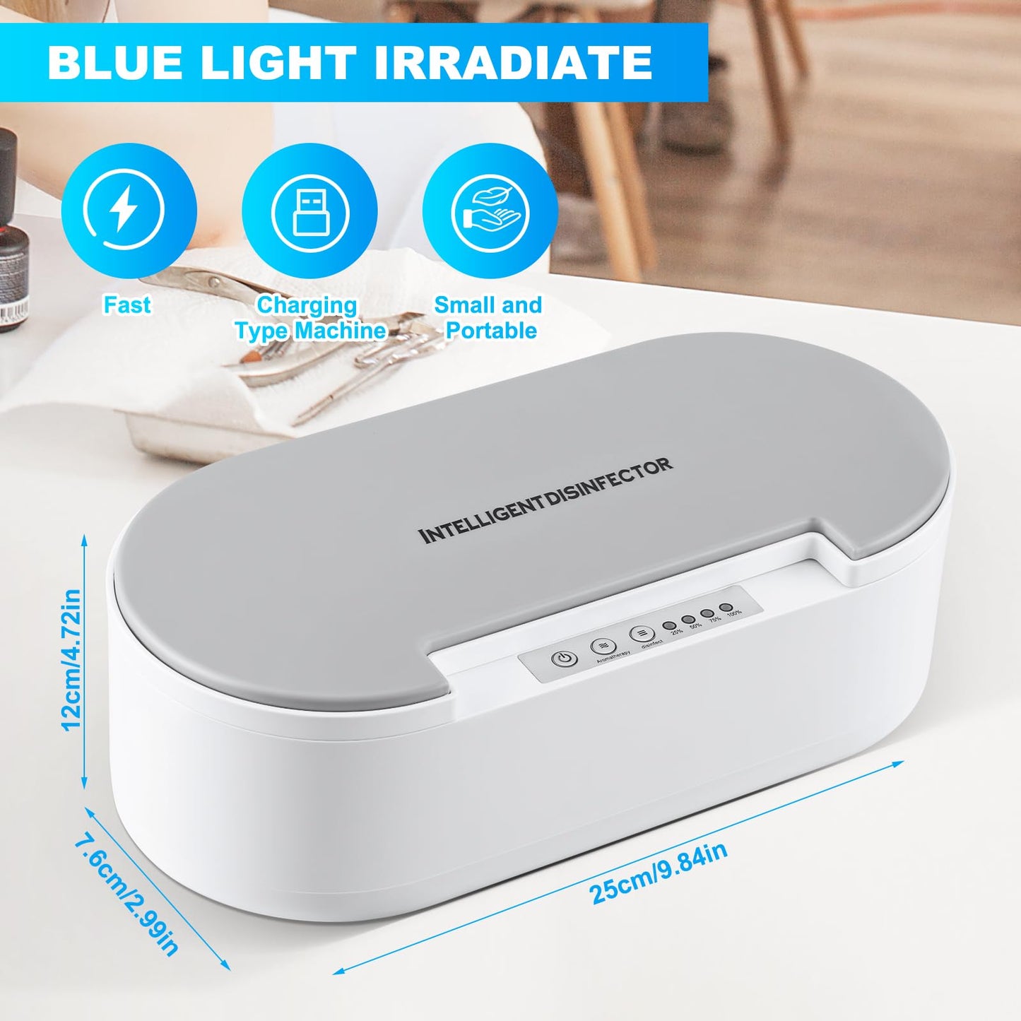 Wbuosz Portable Tool Sterilizer Box USB,Blue Light Cleaning Sterilizating Box for Manicure Salon,Tweezers,Tattoo,Scissors,Jewelry,Phone, Watch,Keys