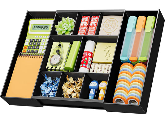 Marbrasse Expandable Desk Drawer Organizer, Clear Plastic Drawer Organizer Tray with 10 Adjustable Compartments, Desk Organizers and Accessories, 5 Drawer Dividers for Office Supplies, Makeup(Black)