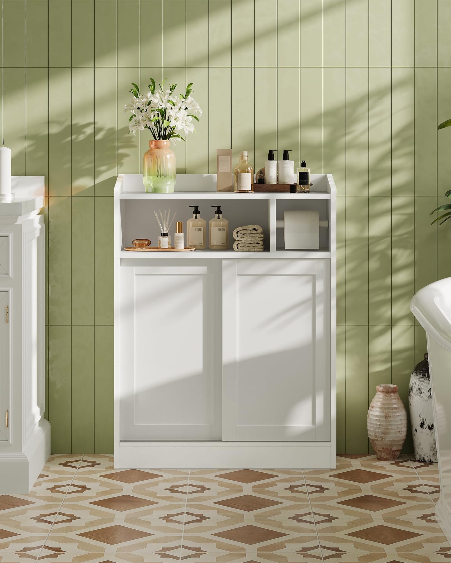 CHOEZON Slim Bathroom Storage Cabinet, Bathroom Floor Cabinet, Storage Organizer with Toilet Paper Holder, Sliding Doors and Adjustable Shelf, for Small Spaces, Bathroom, Living Room, Kitchen, White