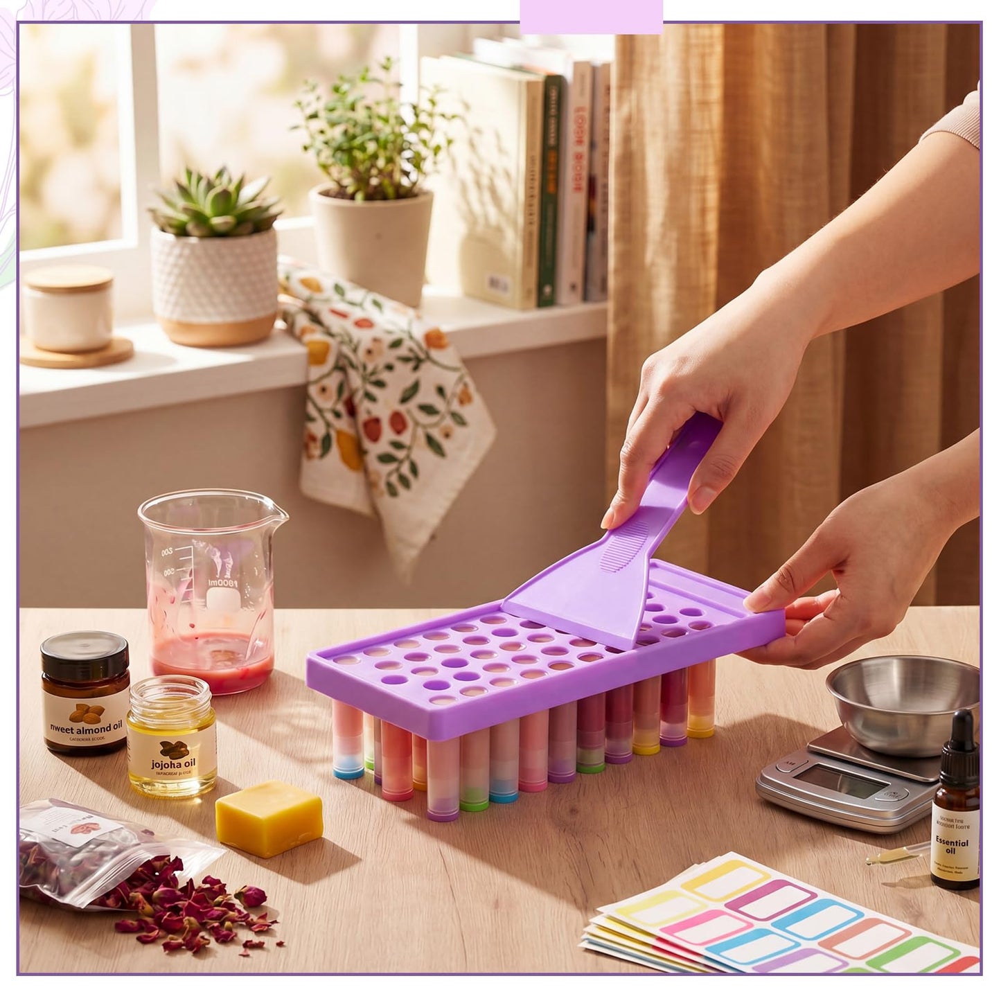 Singhoow 100 Pcs Lip Balm Tubes with 2 Filling Tray and 2 Spatula, 5 g Twist-up Lip Balm Containers with Caps for DIY Homemade Lipsticks, Solid Perfume, Gifts, Bpa Free & Leak Free (Colorful)