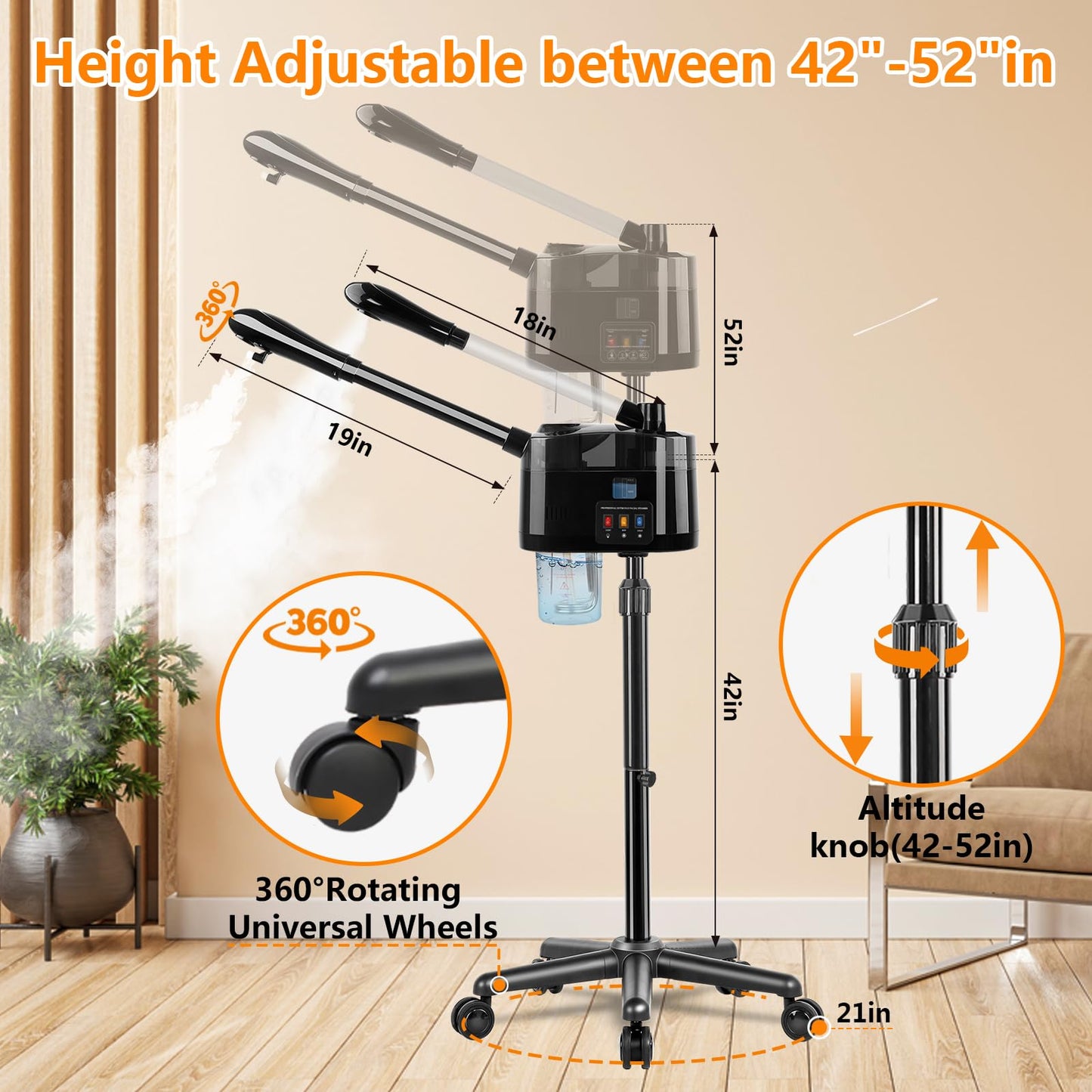 Professional Facial Steamer，Hot & Cold, Esthetician Steamer More Steam,Ozone Facial Steamer for Deep Cleansing and Hydration, Suitable for Beauty, Spa and Home Use, Black