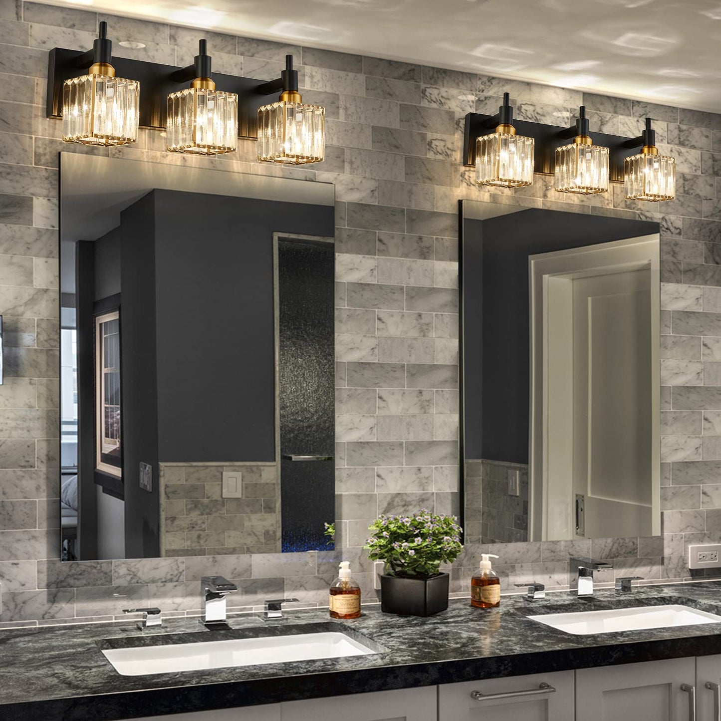 HUOKU Modern Crystal Bathroom Vanity Light 3-Light Brass Wall Light Fixtures Over Mirror Black and Gold Vanity Lighting for Bathroom Square Shade Brass Wall Sconce