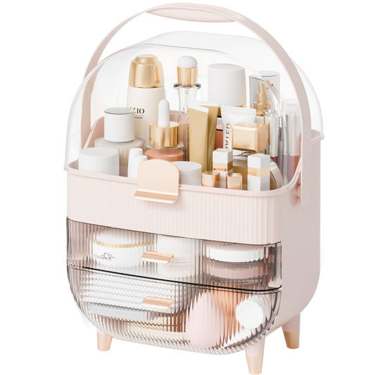 Yieach Countertop Makeup Organizer With Lid,Large Skincare Organizers With 2 Drawers,Dustproof Cosmetic Display Cases for Bathroom,Dresser,Lotion,Beauty,Skin Care Holder,Makeup Storage Organizer,Pink