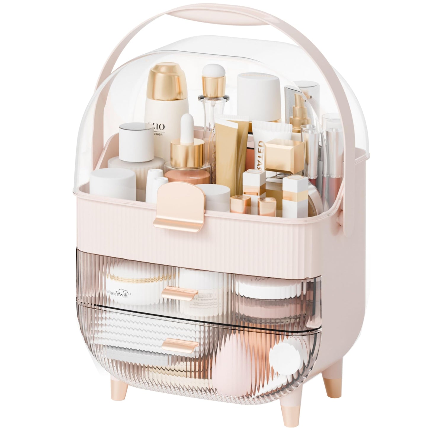 Yieach Countertop Makeup Organizer With Lid,Large Skincare Organizers With 2 Drawers,Dustproof Cosmetic Display Cases for Bathroom,Dresser,Lotion,Beauty,Skin Care Holder,Makeup Storage Organizer,Pink