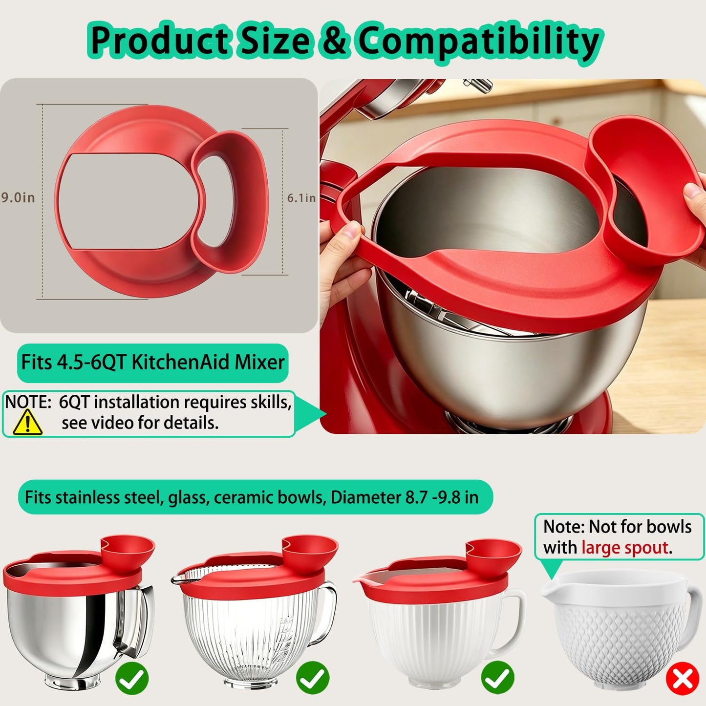 Flour Funnel with Pouring Shield for KitchenAid 4.5-6QT Mixer, Silicone Splash Guard with Flour Funnel for Kitchen Aid Mixer Tilt-Head and Bowl-Lift, Dishwasher Safe Baking Tool (Red)