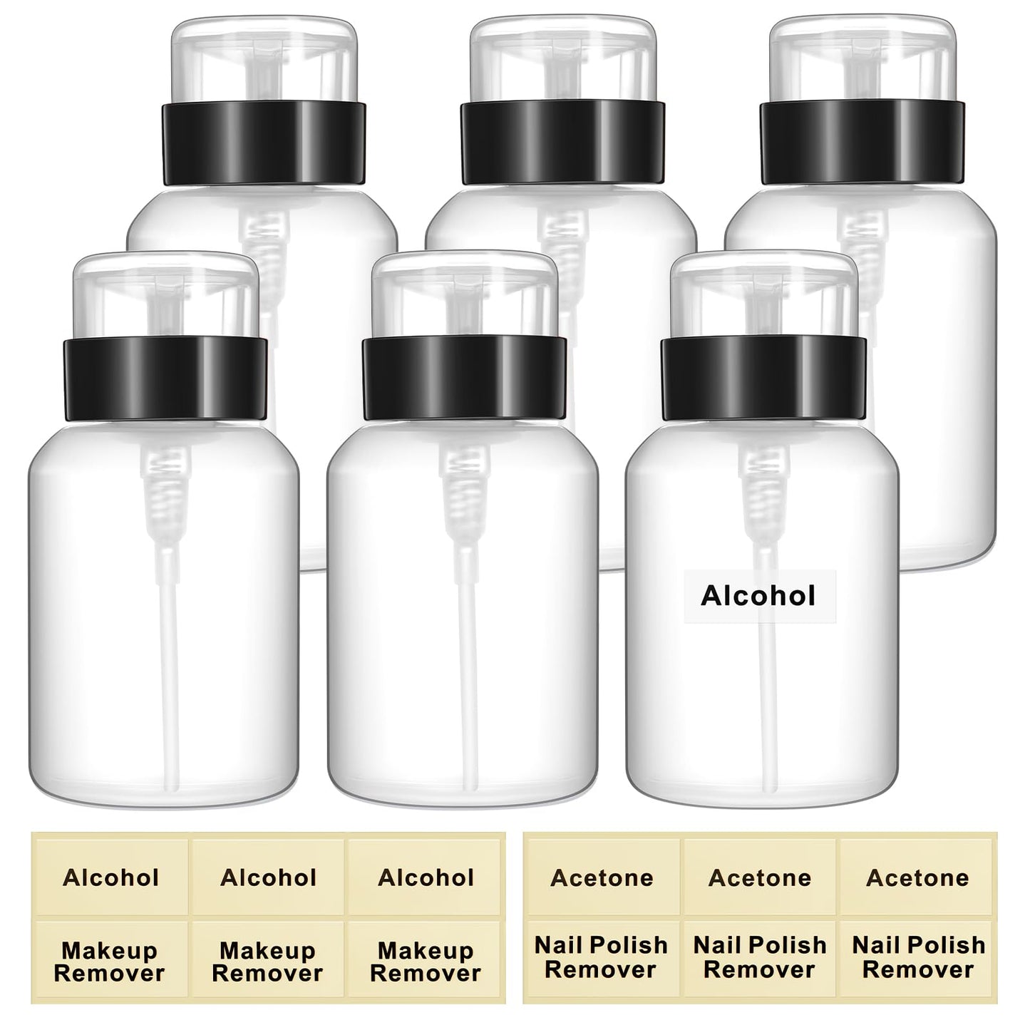 Layhit 6 Pack 6.8 oz (200ml) Push Down Lockable Pump Dispenser Bottle with Stickers, Alcohol Push Down Empty Refillable Container for Nail Polish Remover, Alcohol & Makeup Remover (Black Top Cap)