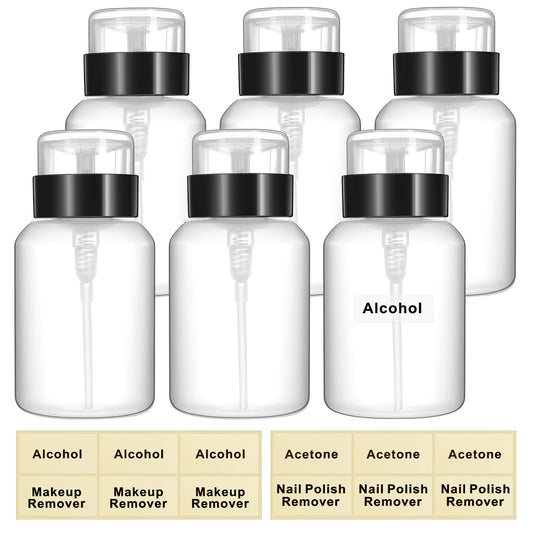 Layhit 6 Pack 6.8 oz (200ml) Push Down Lockable Pump Dispenser Bottle with Stickers, Alcohol Push Down Empty Refillable Container for Nail Polish Remover, Alcohol & Makeup Remover (Black Top Cap)
