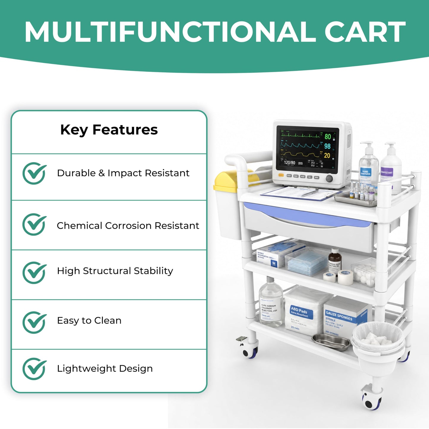 Bravique 3-Tier Workstation Cart with XL Divided Drawer & 2 Flip-Top Bins, Rolling Utility Cart for Clinics, Labs, Treatment Rooms, Spa & Salon, Quiet Lockable Wheels (3-Tier White)