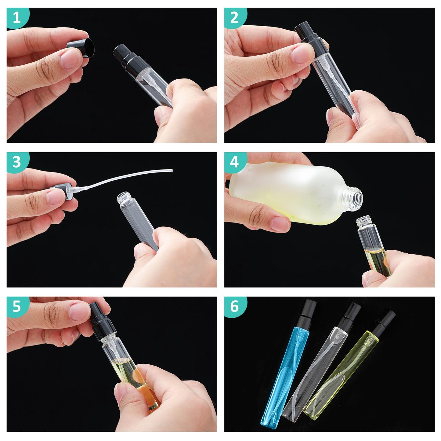 Zhehao 100 Pcs Mini Spray Bottles 10 ml Clear Glass Perfume Bottles Refillable Fine Mist Perfume Atomizer Portable Empty Sample Containers for Cleaning, Essential Oils, Travel (Black Cap)
