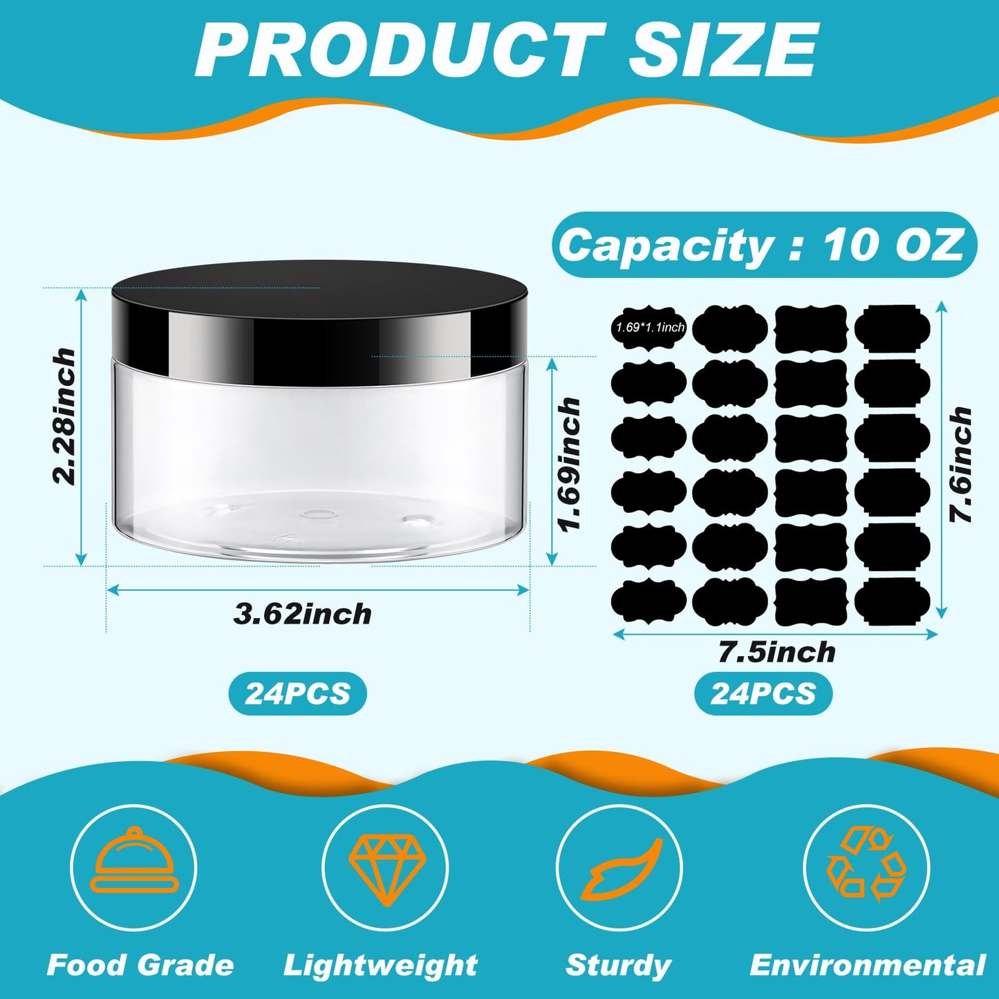 Dandat 24 Pcs 6/8/10/12oz Plastic Clear Jar Container with Black Lid and Label Refillable Empty Round PET Cosmetic Sample Slime Jar for Lotion, Cream, Body Butter, Travel Storage(10oz, Black Lid)