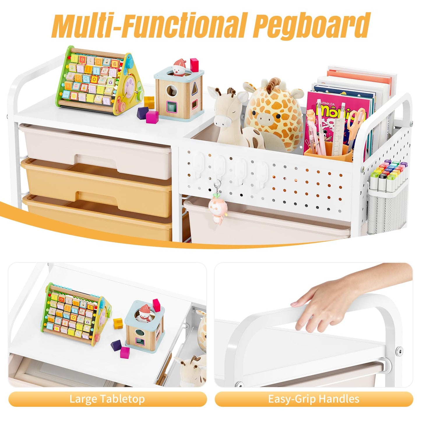Rolling Storage Cart with 14 Drawers, Storage Organizer Cart with Tabletop and Pegboard,Utility Cart for Living Room, Classroom, Bedroom,Bathroom,Dorm,Office (Rainbow)