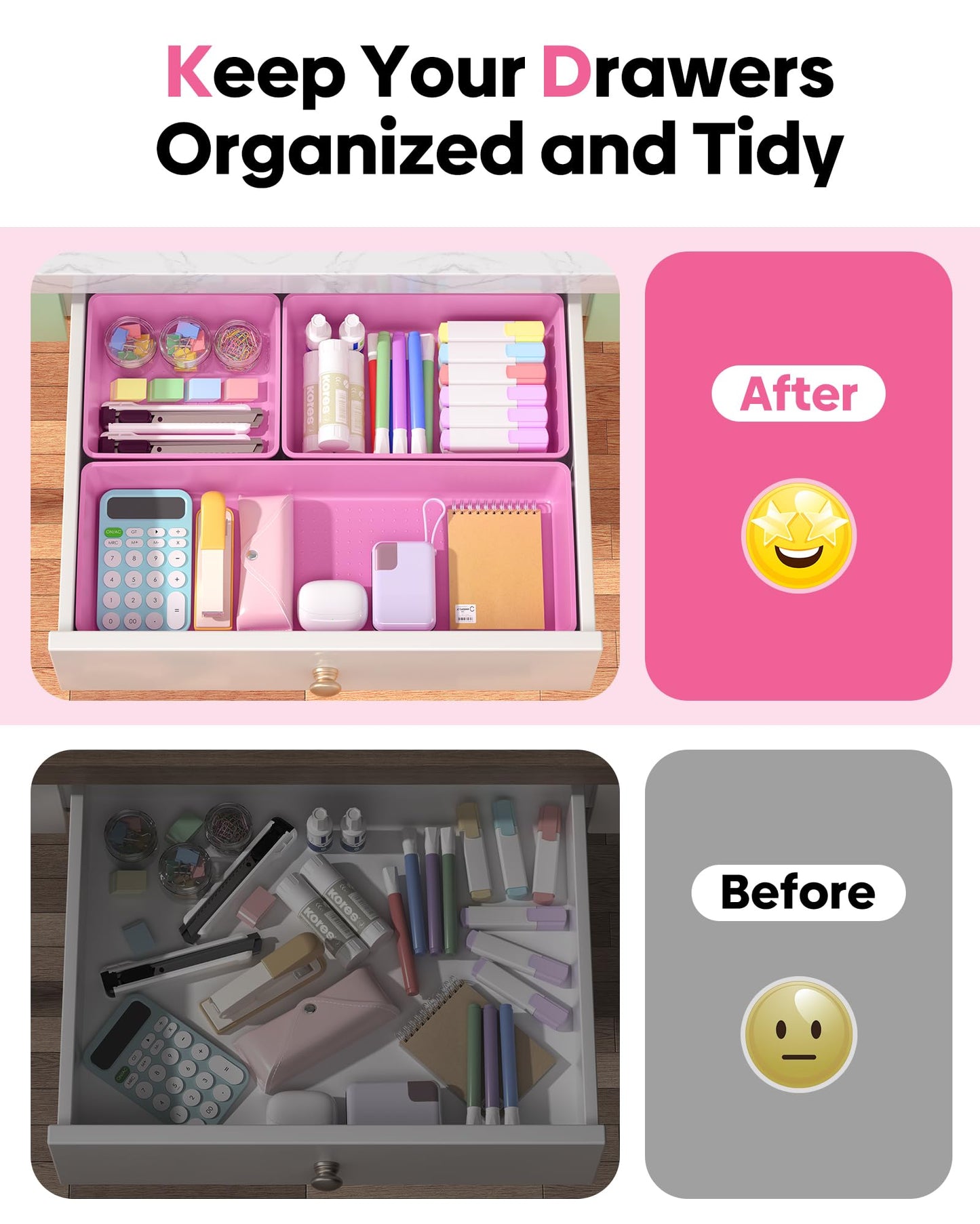 MLIKLU 10 Pack Large Size Plastic Drawer Organizers Set, 3 Sizes Desk Drawer Organizer Trays, Storage Bins for Vanity, Makeup, Bathroom, Kitchen Utensils and Office (Pink)