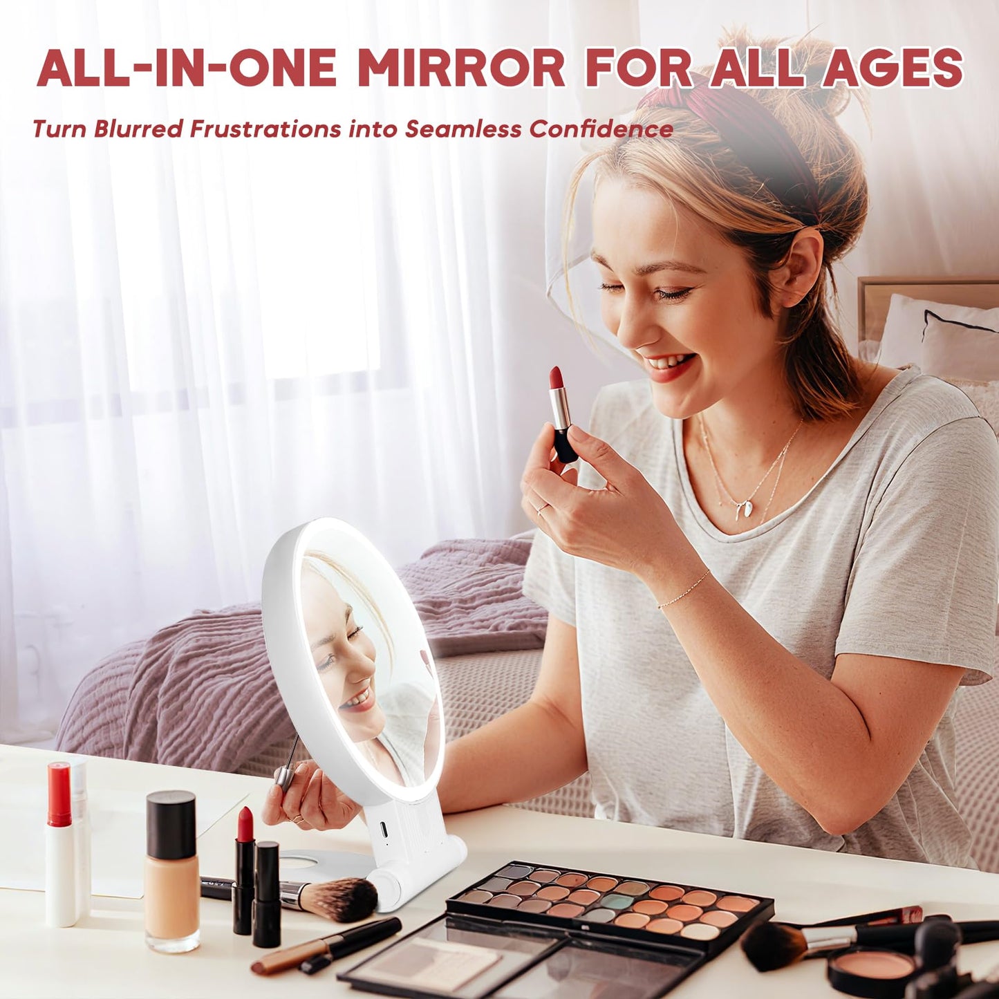 1X/30X Magnifying Mirror with Light and Adjustable Brightness, Makeup Mirror with 360° Rotation Adjustable Folding Handle, Portable Rechargeable Double Sided Mirrors, Foldable Vanity Mirror (white)