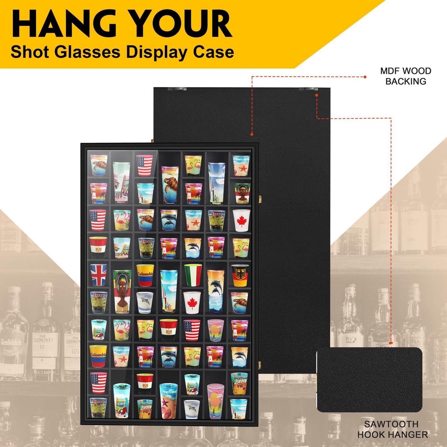 Black Shot Glass Display Case Large 61 Slots Glass Display