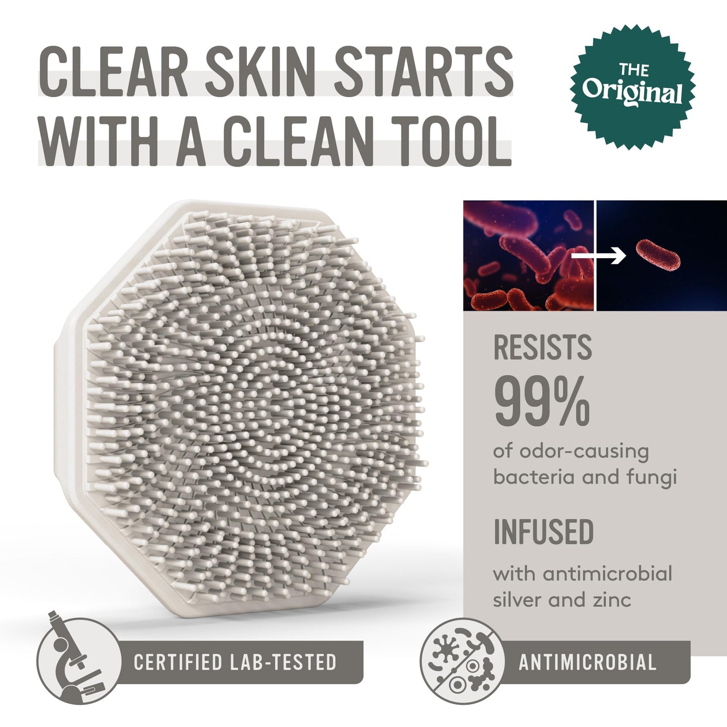 Sud Scrub® Antimicrobial Silicone Face Scrubber, 1 Pack, Gentle Face Exfoliator for Sensitive Skin, Eco Friendly Facial Cleansing Brush, Exfoliating Face Brush for Men and Women (Clay)