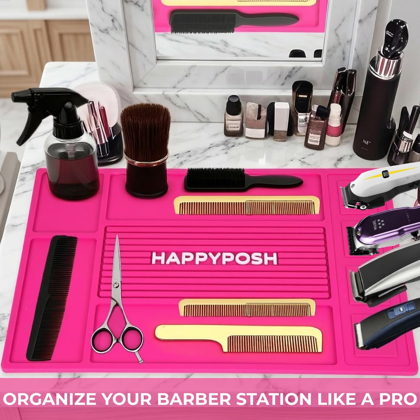 HAPPYPOSH Magnetic Barber Mat, Magnetic Barber Mats For Clippers and Supplies, Barbershop Pad for Station, Beauty Salon Table Mat, Barbering Tool Organizer for Pro Hairstylist, Pink