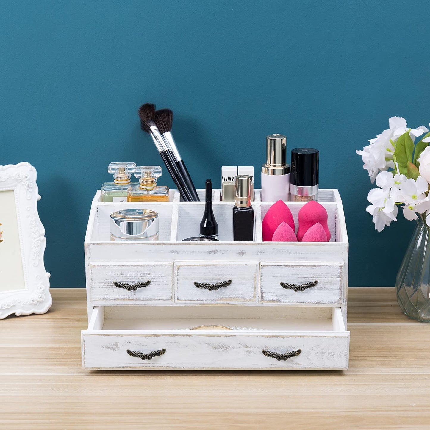 MyGift 7-Compartment Shabby Whitewashed Solid Wood Jewelry/Cosmetics Vanity Organizer Rack with 4 Vintage Storage Drawers