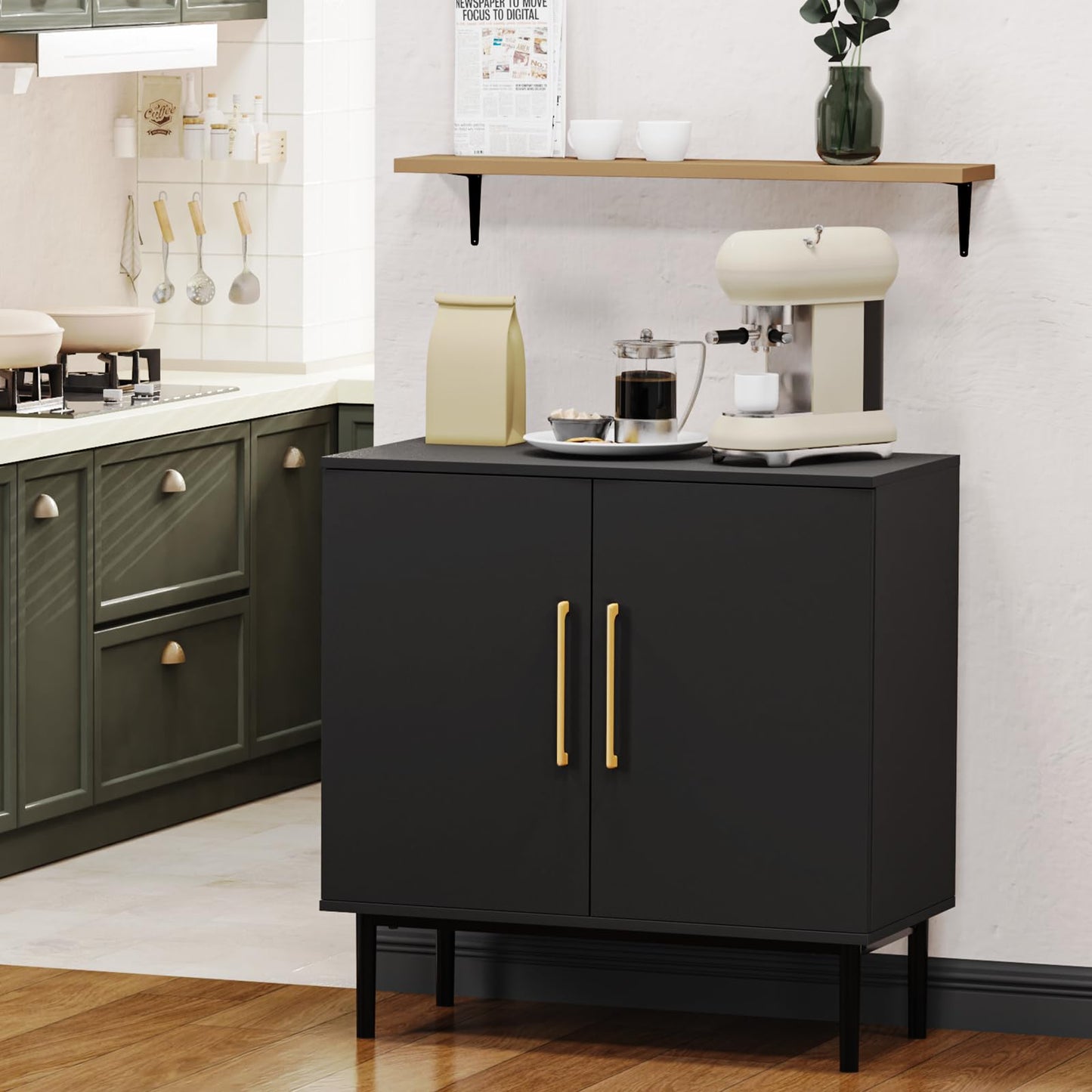 REHOOPEX Black Storage Cabinet with Doors, Modern Accent Cabinet, Free Standing Cabinet with Adjustable Shelf, Wooden Buffet Sideboards for Living Room, Kitchen, Dining Room, Entryway