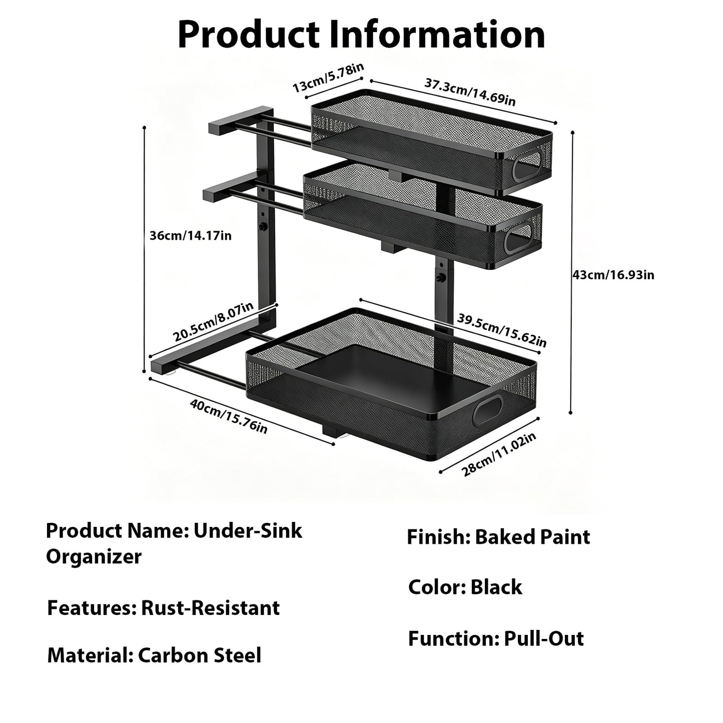 2 Pack Under Sink Organizer, 3-Tier Pull Out Kitchen Cabinet Organizer, Height Adjustable Metal Slide Out Bathroom Storage Makeup Drawer Rack for Bedroom Office Laundry Pantry Home Organization, Black