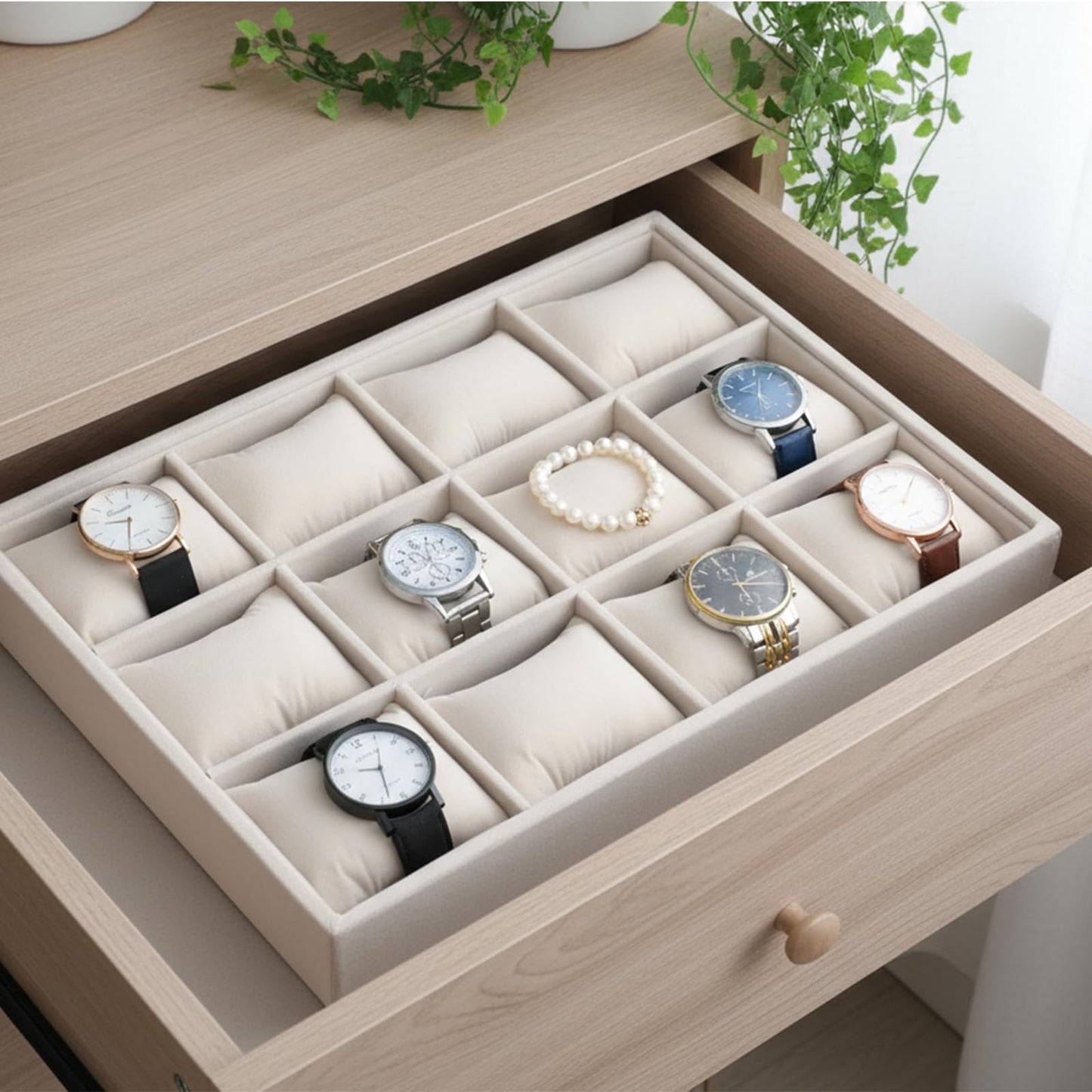 Kifmurase Jewelry Watch Organizer Tray, 12 Grid Velvet Watch Jewelry Organizer Stackable Watch Bracelet Bangle Display Holder with Adjustable Pillows for Men Women Showcase Drawer