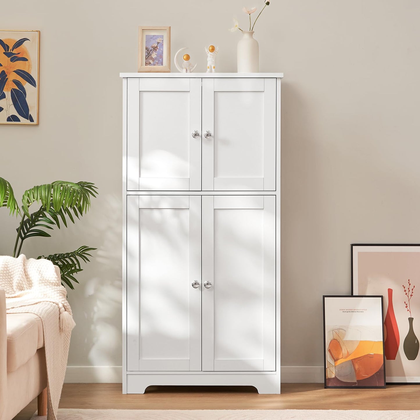TEENFON Bathroom Floor Storage Cabinet, Freestanding Bathroom Storage Unit with 2 Adjustable Shelves & 4 Doors, White