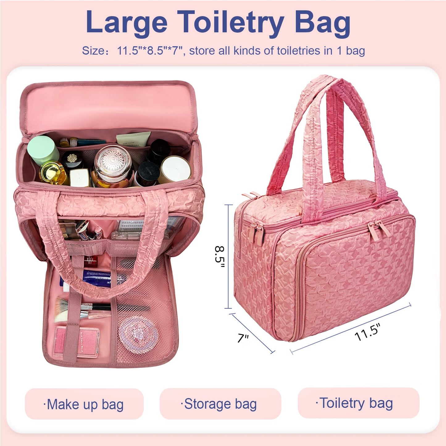 SMONT Toiletry Bag for Traveling Women, 11.5" Large Travel Makeup Toiletries Skincare Bag, Big Cosmetic Cosmetiquera Pink