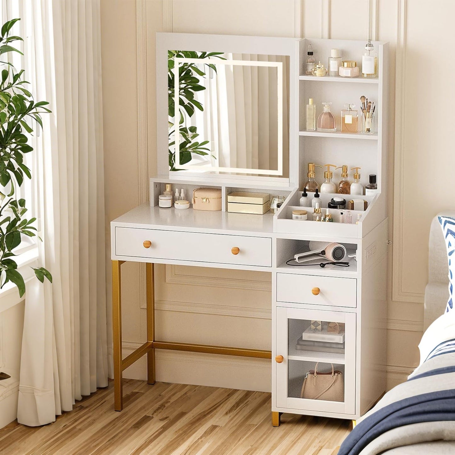 Garvee Vanity Desk with Lighted Mirror Adjustable Brightness & Power Outlet, Makeup Vanity Table with 2 Drawers and Shelves, White and Gold Vanity, Dressing Table for Women & Girls