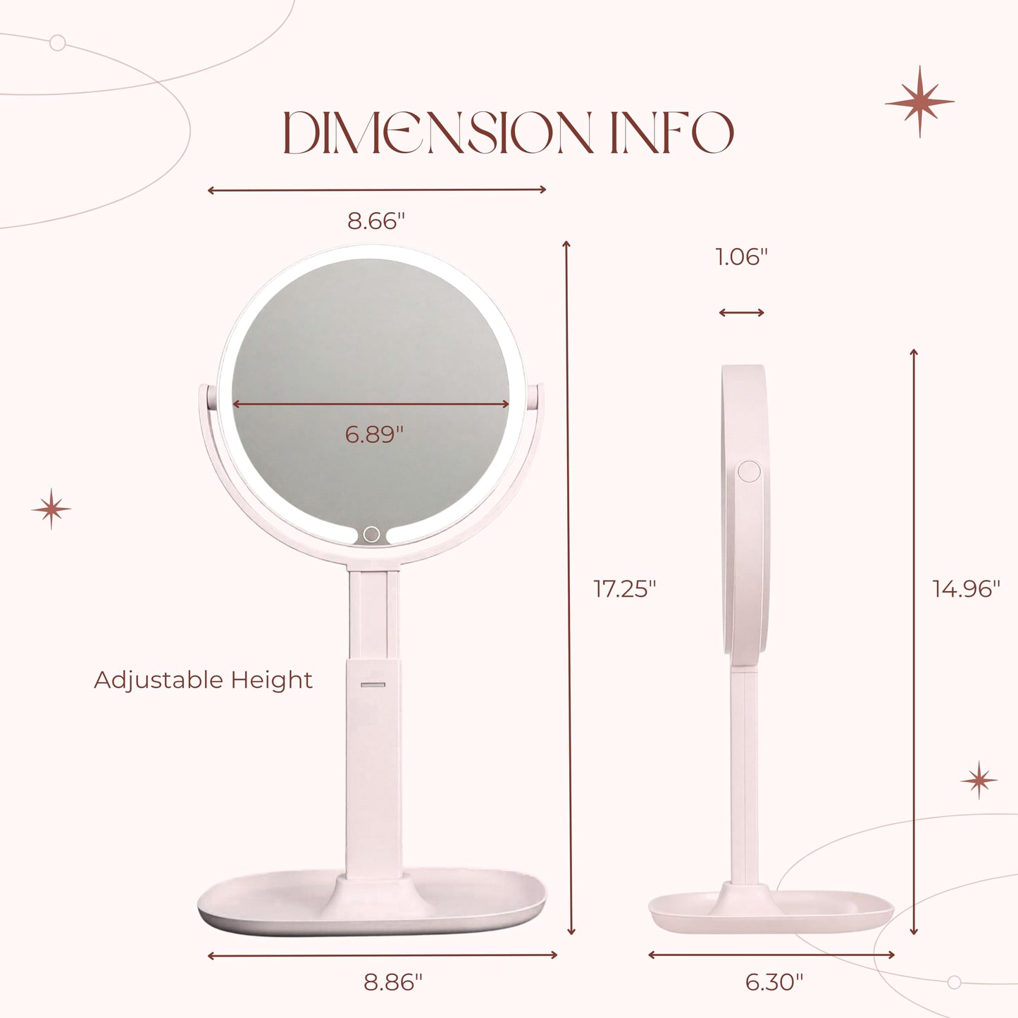 DYMOND Makeup Mirror with Lights, 1X/10X Double Sided Magnifying Mirror with Lights for Vanity Makeup Height Adjustable with Phone Holder Tray, Rechargeable with 3 Colors Dimmable, Pink
