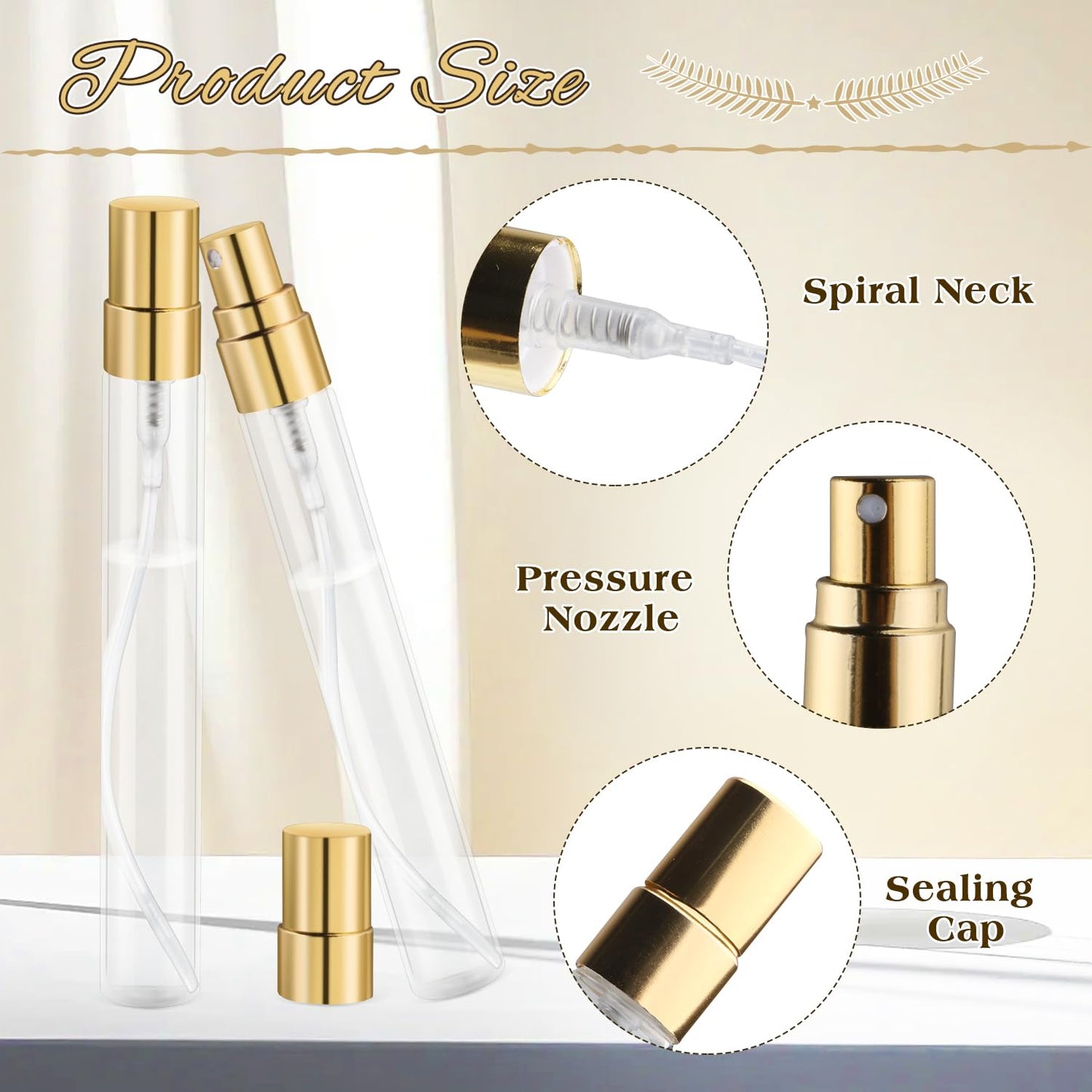 Mirrline 30 Pcs 10ml/0.34oz Mini Spray Bottle Glass Fine Mist Perfume Atomizer Empty Sample Containers with Golden Lids for Travel Cleaning Essential Oils