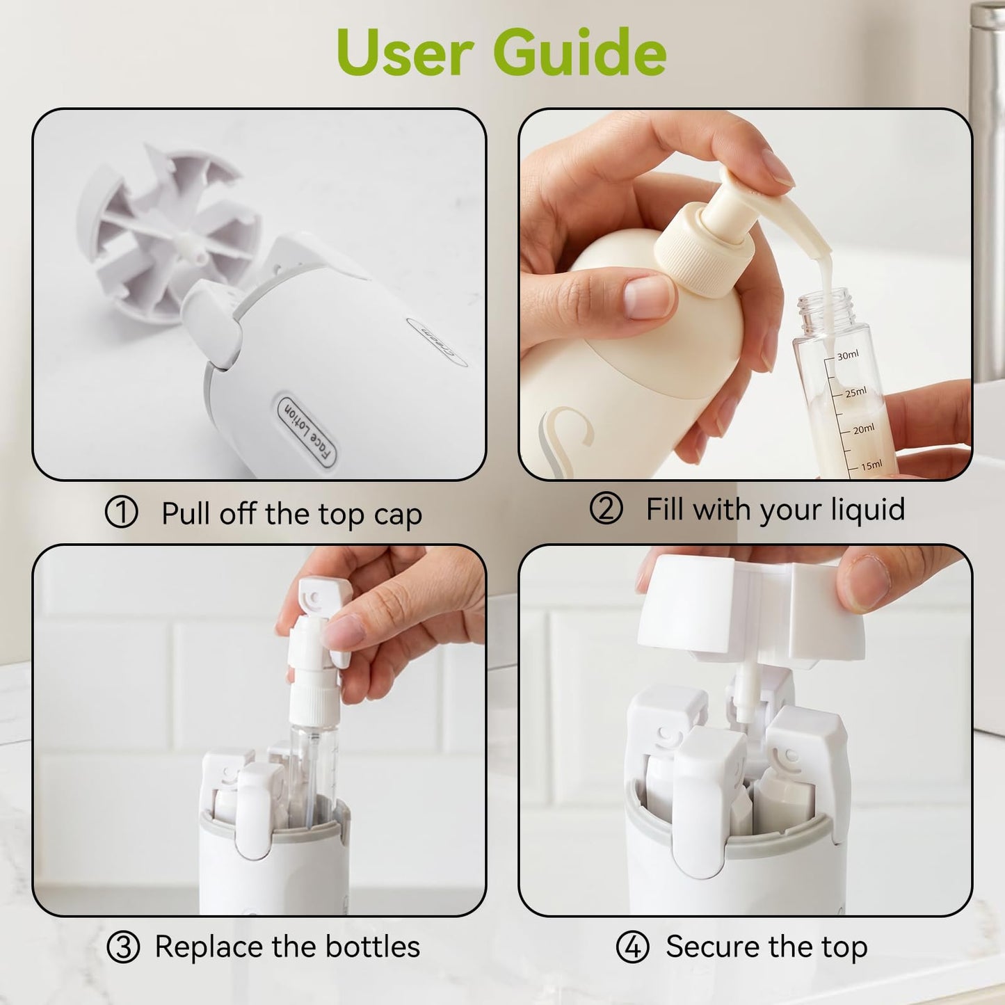 4 in 1 Travel Dispenser Bottle, 4 Pack 30ML Pump Bottle for Toiletries Leak Proof Travel Size Containers, Portable Containers for Shampoo Lotion Conditioner Cream (White)