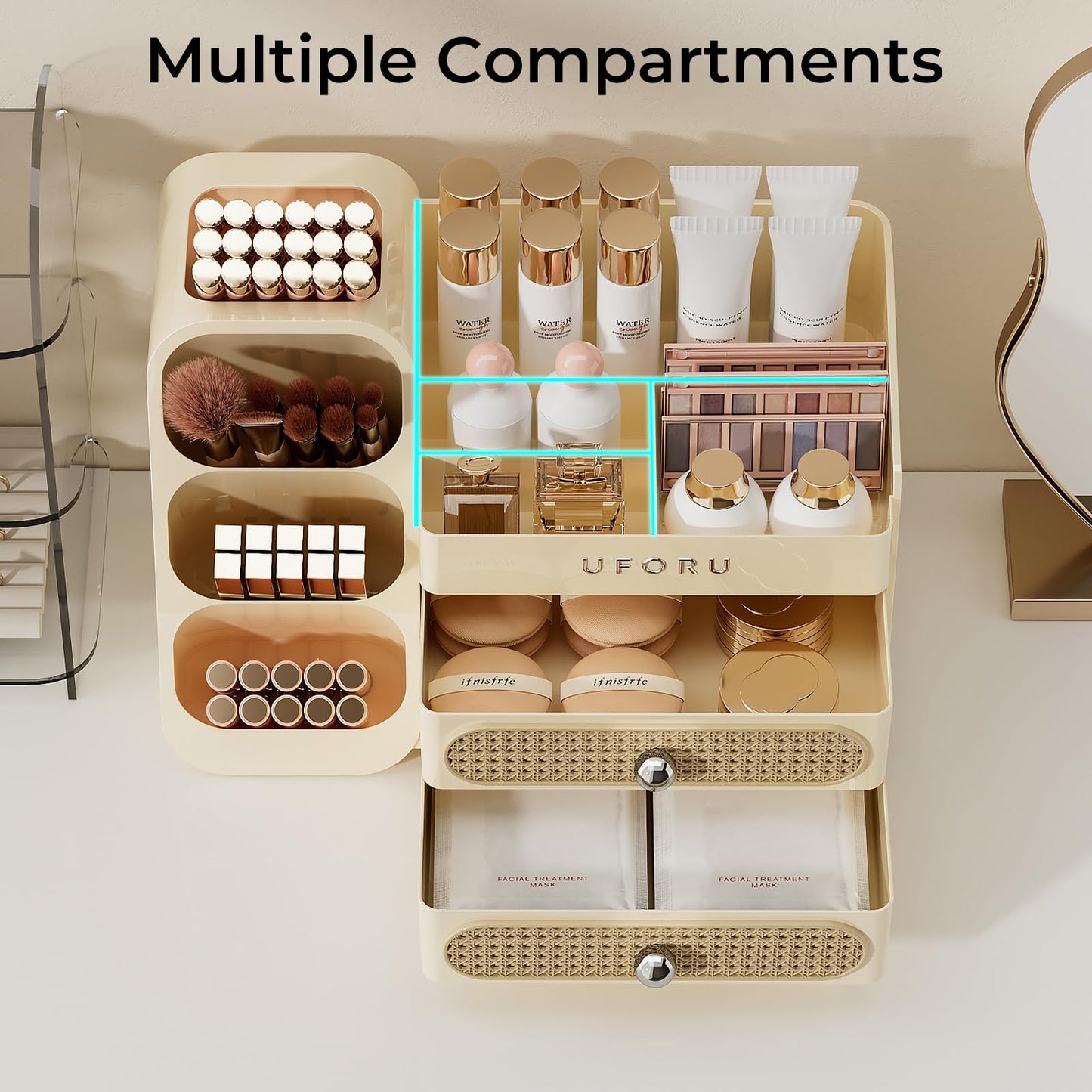 UFORU Makeup Organizer for Vanity with Brush Holder, Large Capacity Bathroom Countertop Skincare Organizer with 2 Drawers, Cosmetic Display Case for Perfumes, Eyeshadow Palettes, Nail Polishes
