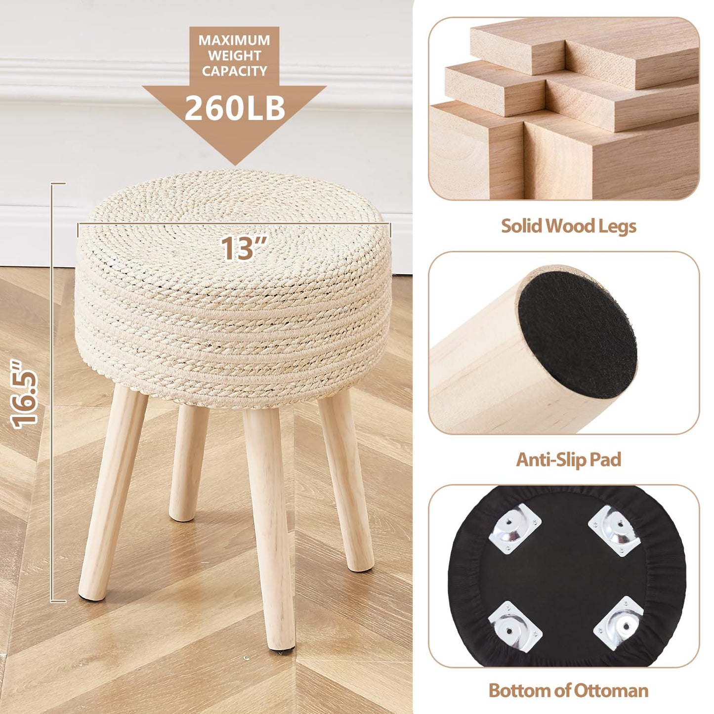 Cpintltr Round Ottoman Footstool Natural Seagrass Foot Stool Pouf Ottomans with Solid Wood Legs Hand Weave Hyacinth Footrest Step Stool for Living Room Balcony Garden Natural & Beige