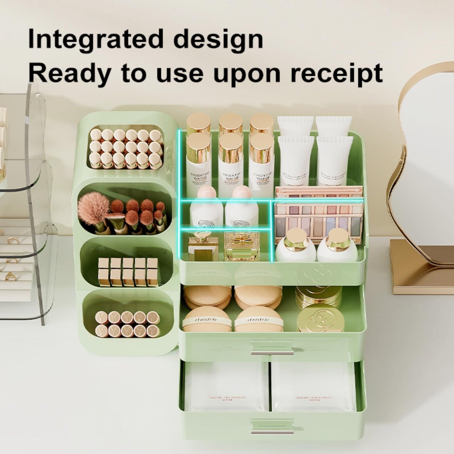Booklov Makeup Organizer for Vanity, Large Capacity Cosmetic Display Case with Drawers, Countertop Beauty Storage Holder for Skincare, Brush Eyeliner Perfume Eyeshadow Lipsticks, Counter Desk, Green