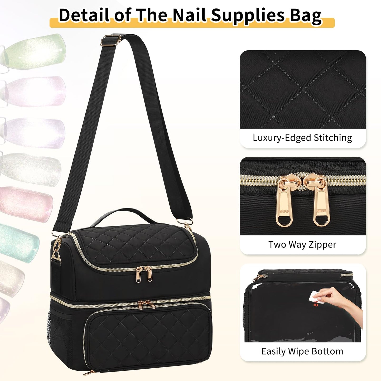 CUBETASTIC Nail Polish Organizer & Storage Bag for 48 Bottles & Full-Size Lamp, Double-Layer Travel Case Box for Nail Supplies, Manicure Kit & Pedicure Tools (Black, 48 Slots)